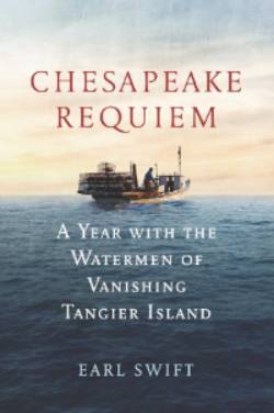 Cover of Chesapeake Requiem, showing a trawling boat on the water before a sunset