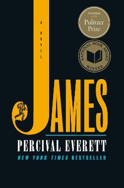 Cover of James: A Novel, showing the book title in yellow on a black background with a small illustration of a man carrying a bindle