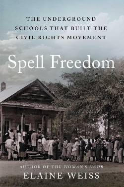 Cover of Spell Freedom, showing a photograph of a line of people entering a small wooden school building