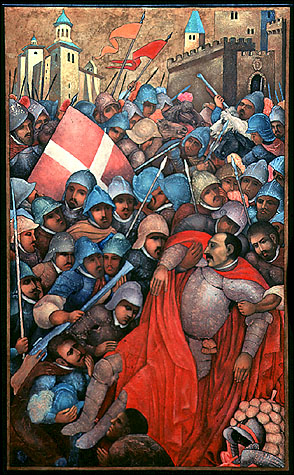Educated and Blessed with Companions at the University of Paris Acrylic on wood panel with gold leaf, 57.5'x39.5'