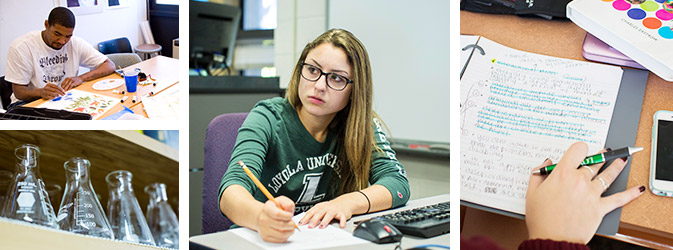 Collage of students studying, working in science labs