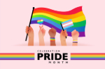 Colorful Pride Month banner showing raised hands holding a large rainbow flag and a transgender pride flag, with rainbow accents and the text 'Celebration Pride Month.