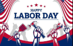 Happy Labor Day graphic with workers' tools and patriotic red, white, and blue design.