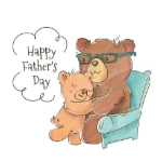 Illustration of a teddy bear hugging a larger bear seated in a blue armchair, with a speech bubble that reads "Happy Father's Day".