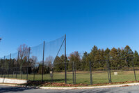 Grass field surrounded by fencing and evergreen trees on a clear blue day