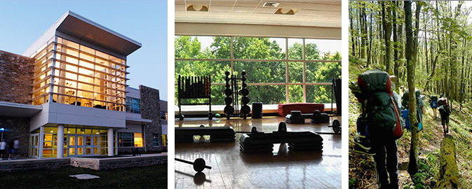 Collage featuring front of FAC, weight room, and hikers in woods