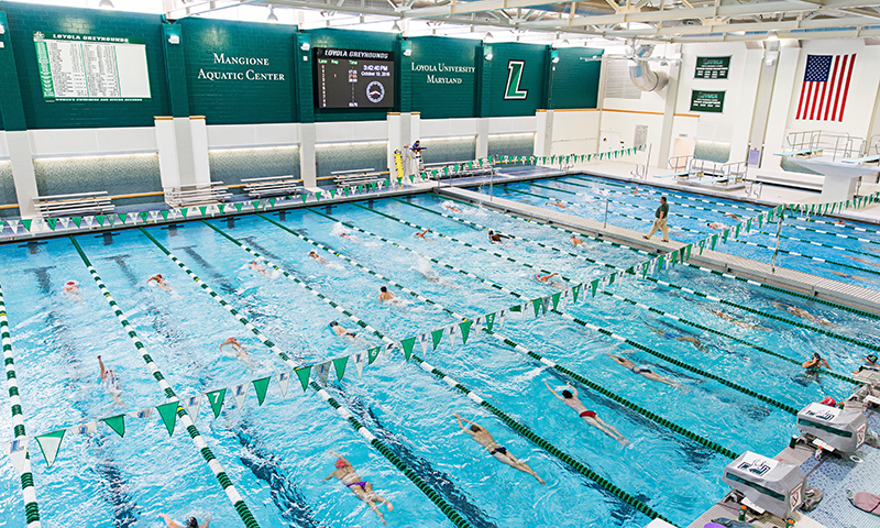 Swimmers sharing every lane of the pool, doing laps, as green and grey flags hang overhead