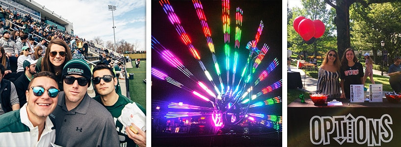 Students at an athletic game, Light City, and the OPTIONS table