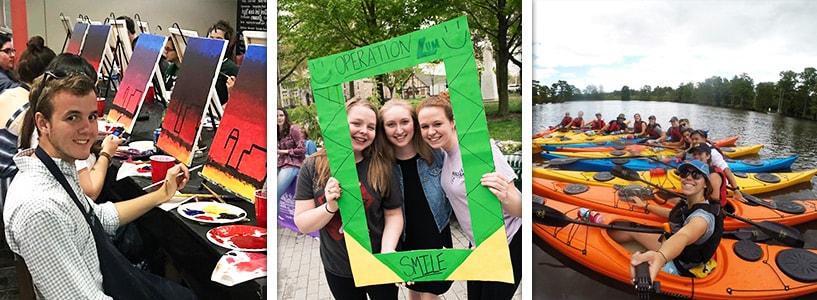 Students doing paint night, posing for a photo, and kayaking