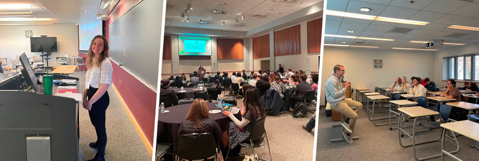 A student behind a podium posing for a photo; many people seated at tables in a ballroom for the Leadership Summit; a teacher in a classroom lecturing to students