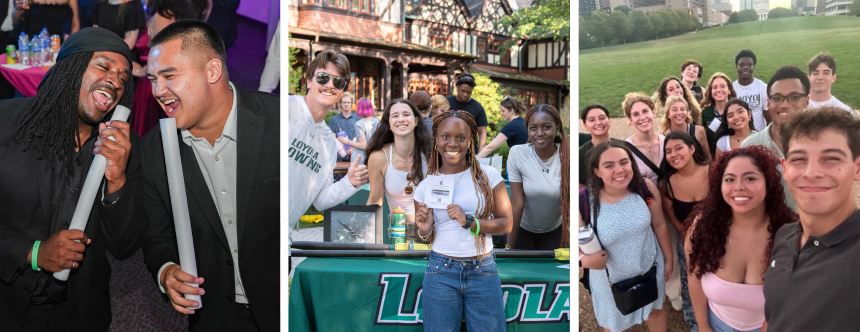 Two students singing, students posing at a table, and students taking a selfie