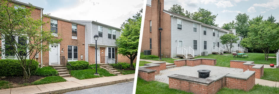 External shots of the Rahner Village townhomes, including the communal courtyard with patios and picnic tables