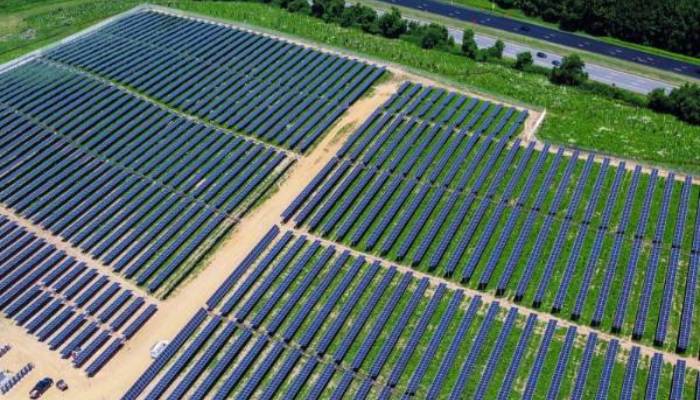 A large array of solar panels from above
