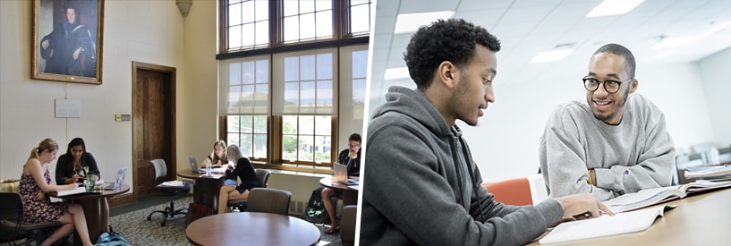 Students working one-on-one with peer tutors in The Study