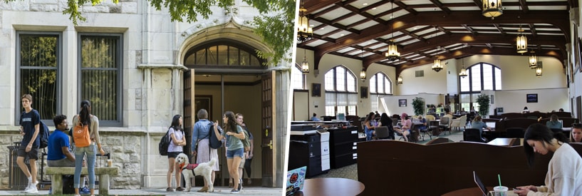 Students entering Jenkins Hall; people working inside The Study