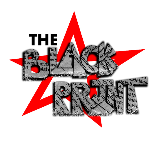 Fashion Show Logo - a graphic star outline with text overlay. text is styled to look like newsprint and reads The Black Print