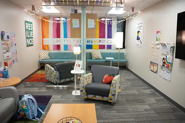 Wide view of the pride resource room at Loyola Maryland