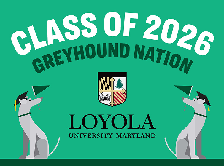 Loyola Class of 2026 Greyhound Nation with two greyhound dogs holding Loyola flags. They are also wearing graduation caps