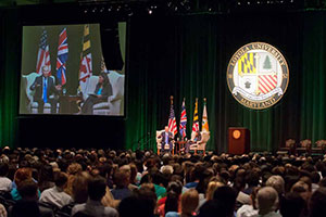 A crowd watches Tony Blair speak
