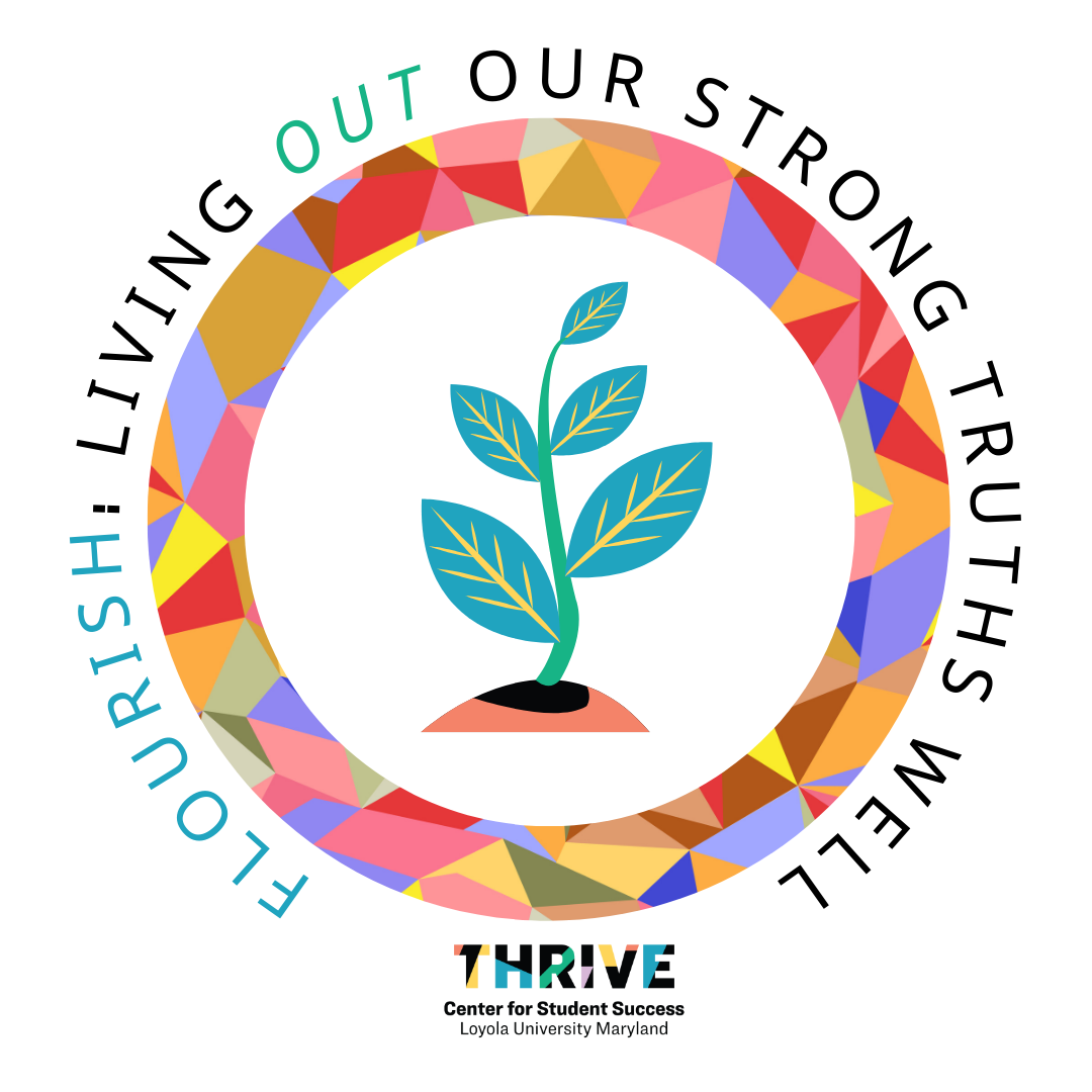 Flourish Logo; "Living Out Our Strong Truths Well" encircling a growing plant