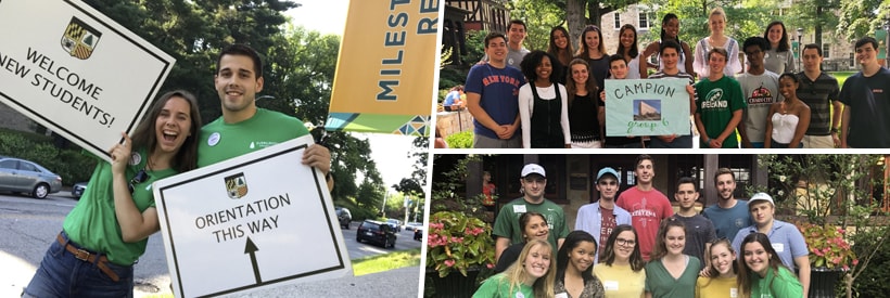 Evergreens with welcome and directional signage; student posing for photos with their orientation group