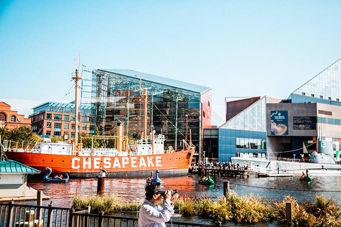 Chesapeake ship on harbor next to aquarium