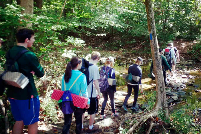 Students hiking in the woods