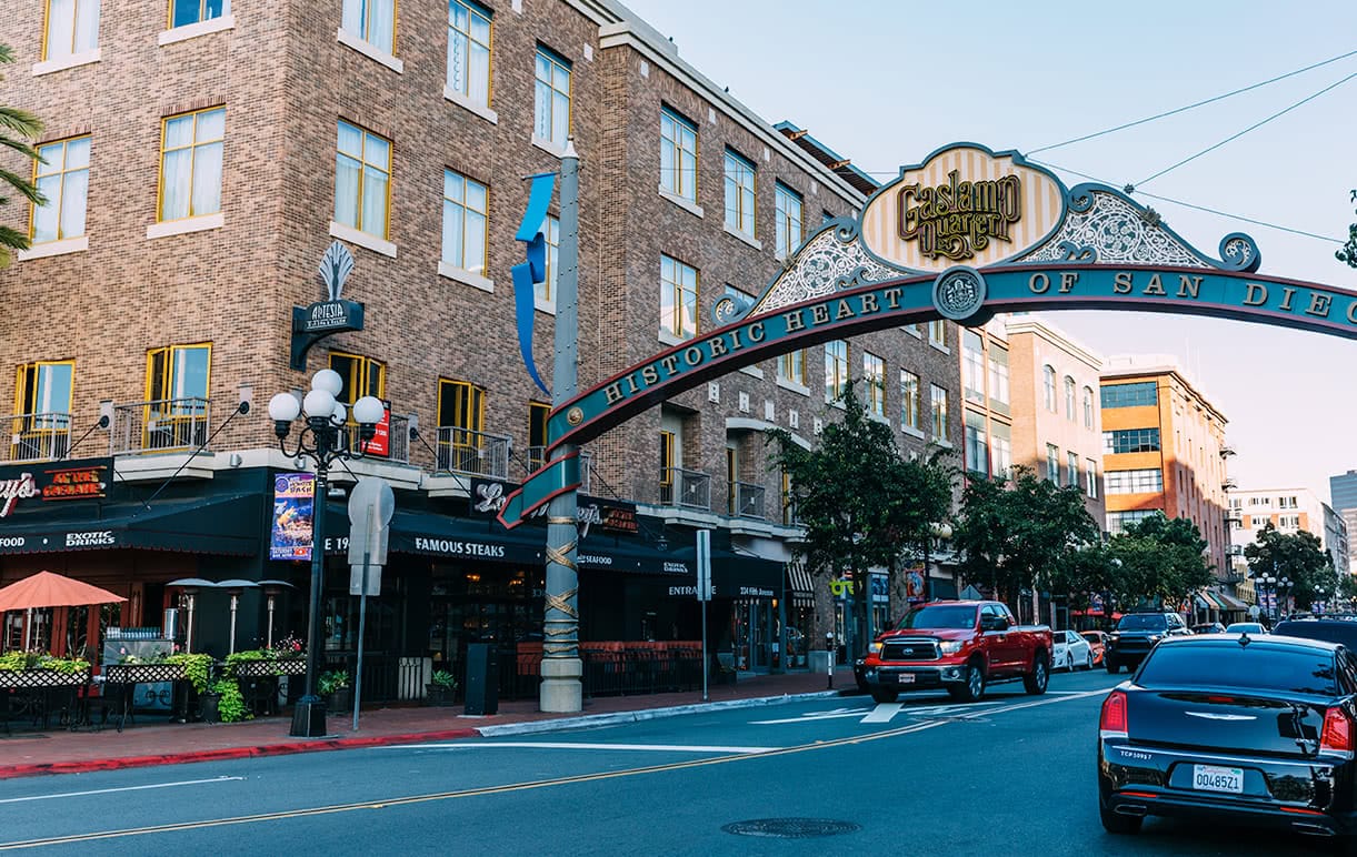 Downtown San Diego, with a sign saying 'Historic Heart of San Diego'