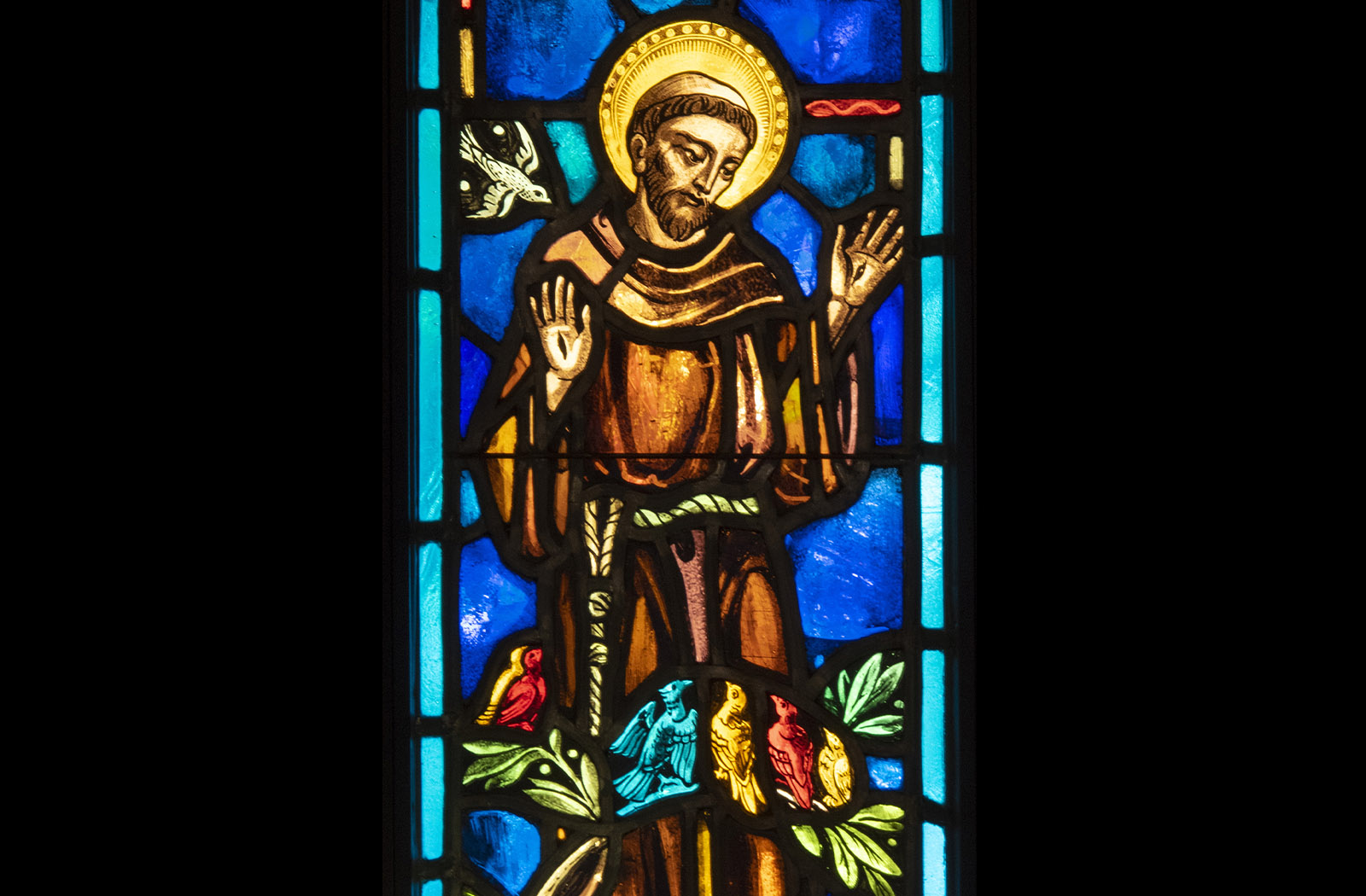 Detail photo of a colorful stained glass panel depicting St. Francis