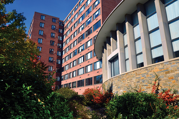 A view of Newman Towers from the Stony Run Trail.