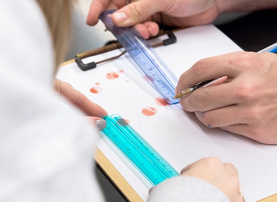 Students measure drops of blood for a lab assignment.