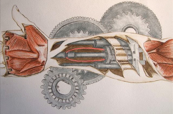 Drawing of the muscular structure of an arm, supplemented with robotics