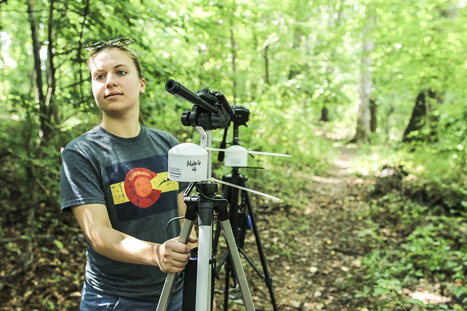 A student conducting environmental research in a woodsy area