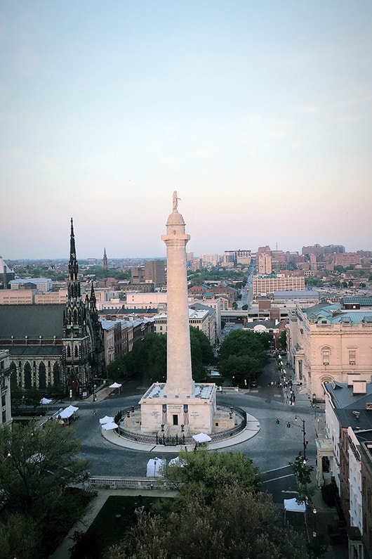 Aerial view of the Washington Monument in Baltimore's Mount Vernon neighborhood