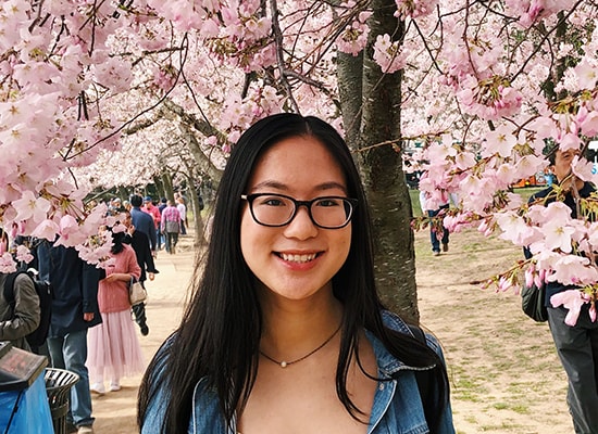 Loyola student Michelle Tran works on her laptop from her home in New Jersey