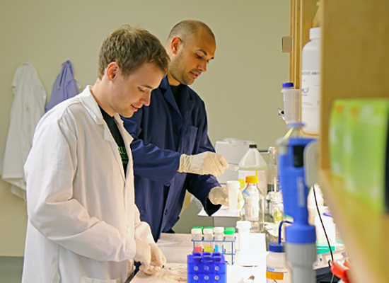 Student and supervisor handle lab materials.