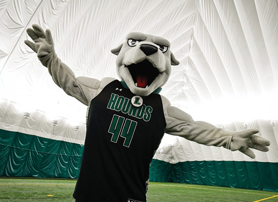 Greyhound mascot poses inside the dome with his arms spread wide.