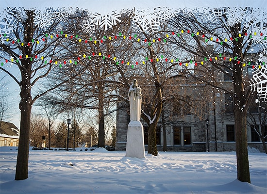 The St. Ignatius statue in the snow with illustrated Christmas lights and snowflakes overlaid