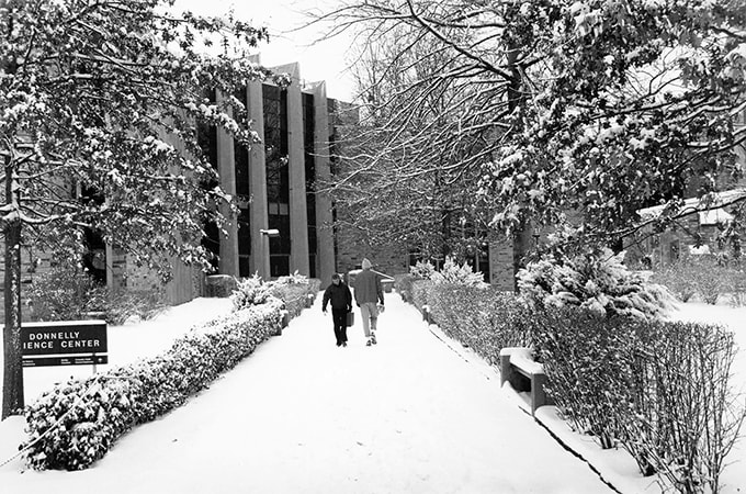 Exterior of the Donnelly Science Center in the snow