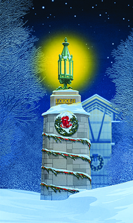 Illustration of a lit lantern on a brick column