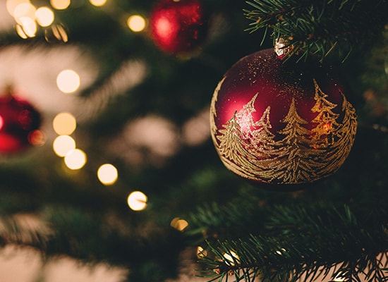 Close up photo of an ornament on a Christmas tree