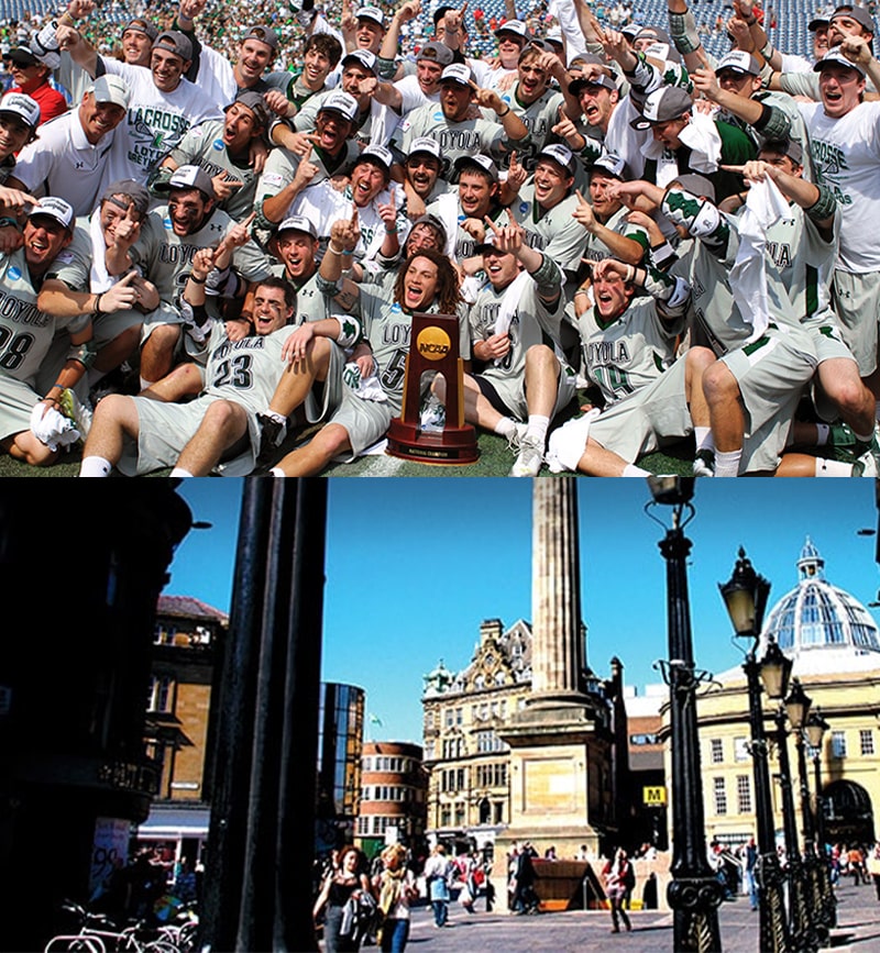 The 2012 men's lacrosse team posing with their championship trophy; Tyne, England