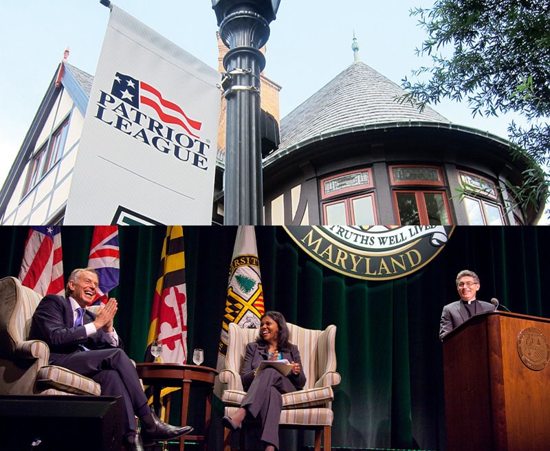 A patriot league banner hanging on a lamp post outside of the Humanities building; Tony Blair at the Hanway Lecture