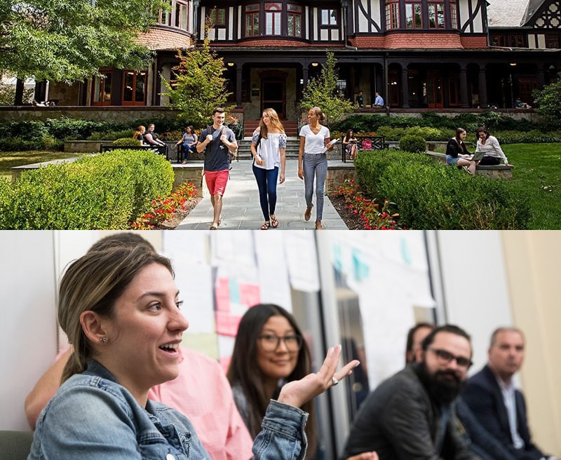 Students walking in front of the Humanities Building; Loyola students in class