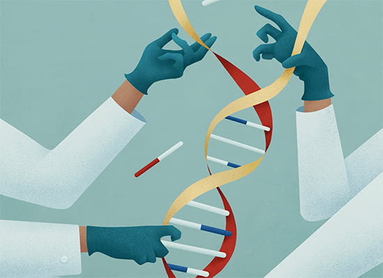 Illustration of two scientists modifying a DNA sequence