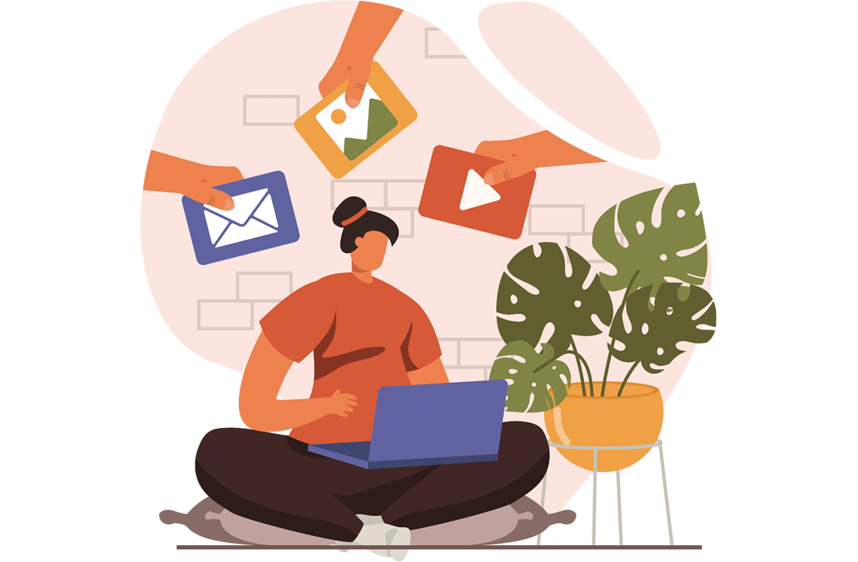 Illustration of a person sitting down using a laptop with media icons surrounding them