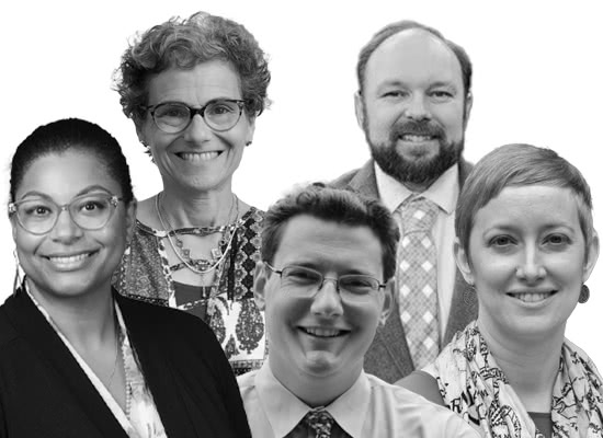 Black and white collage of 5 people posing for a photo