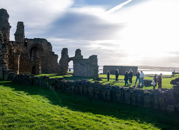 Students in a grassy field with stone ruins