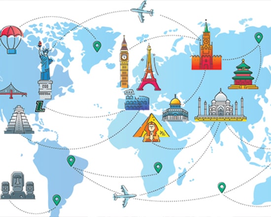 Graphic of a world map with illustrations of different landmarks all interconnected