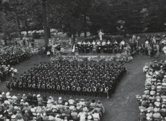 Black and White photo of the 1961 Commencement Ceremony on the Loyola Campus